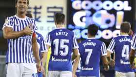 Xabi Prieto celebra su gol en Anoeta.