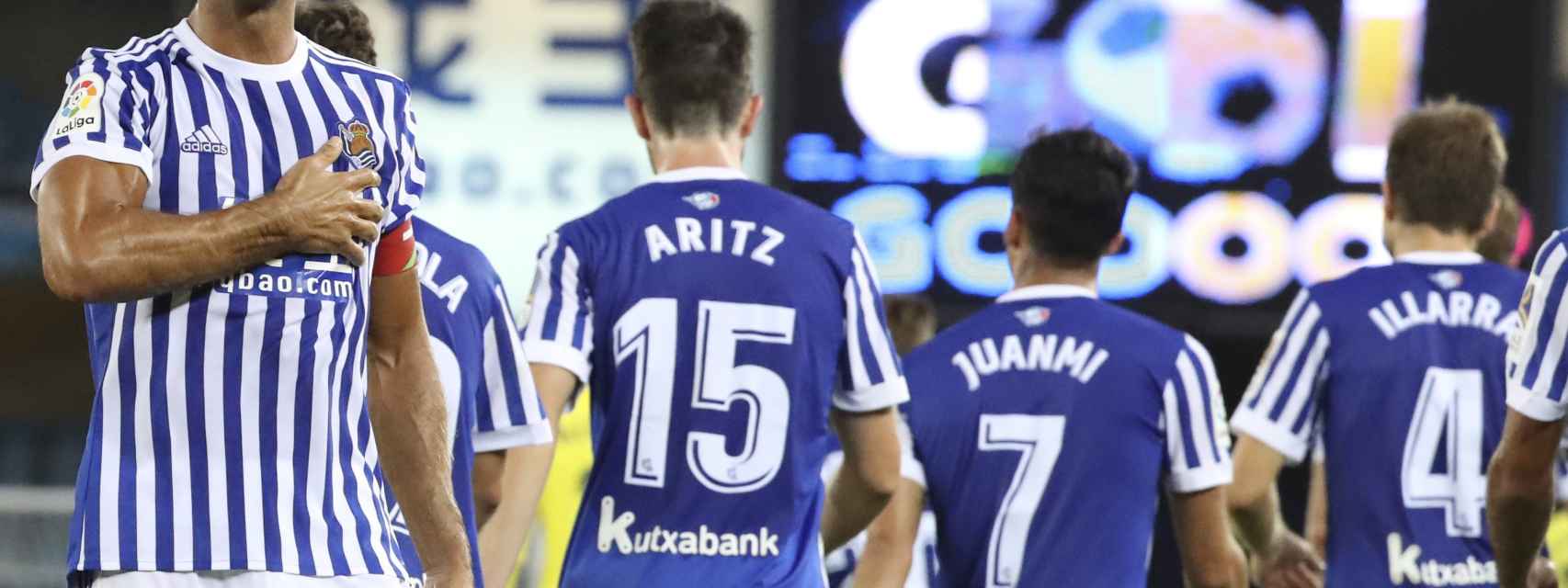 Xabi Prieto celebra su gol en Anoeta.