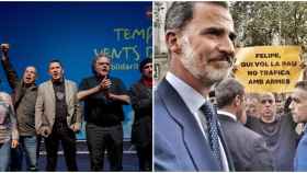 A la izquierda, acto de homenaje a Arnaldo Otegi en Barcelona en mayo de 2016. David Minoves aparece justo a la izquierda del dirigente abertzale, con el puño en alto. La imagen de la derecha es de la manifestación en Barcelona contra el terrorismo, con el Rey en primer plano y Minoves portando una pancarta acusándole de traficar con armas.