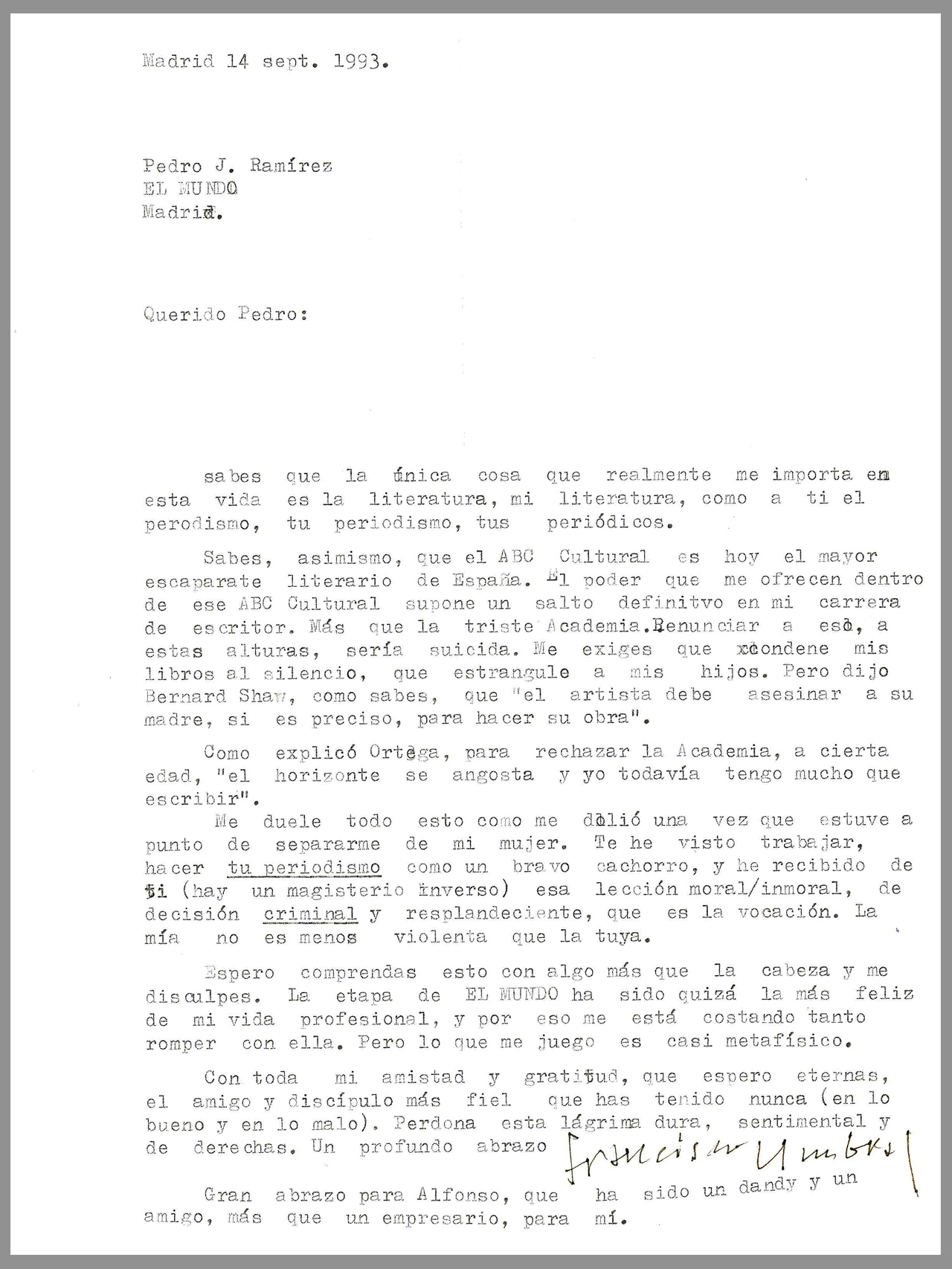 Carta de Francisco Umbral a Pedro J. Ramírez del 14 de septiembre de 1993.