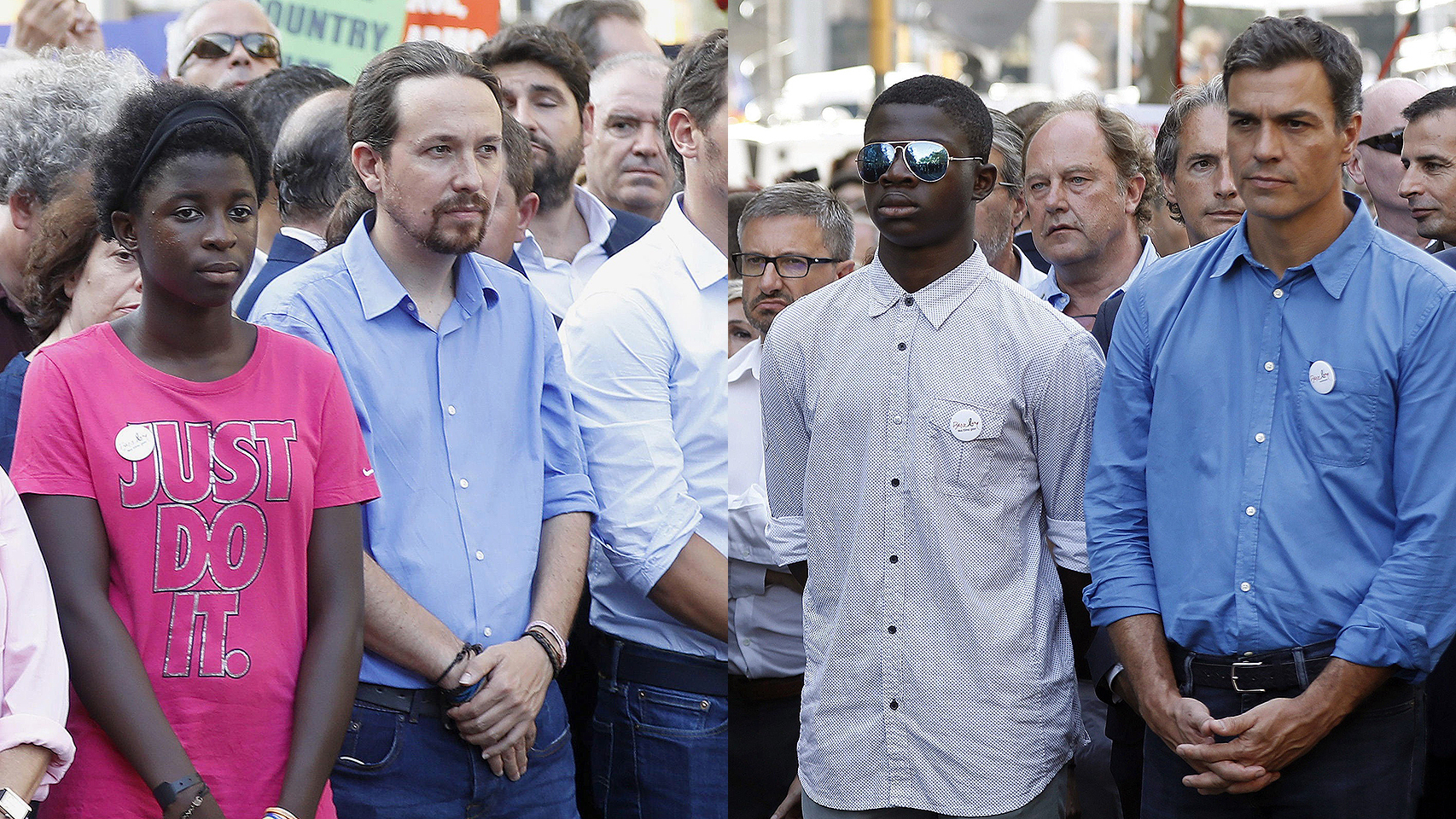 Pablo Iglesias (i) y Pedro Sánchez (d) durante la manifestación de Barcelona.