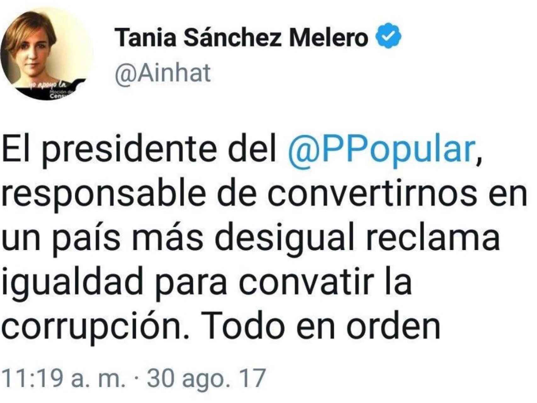 Captura del tuit eliminado de Tania Sánchez