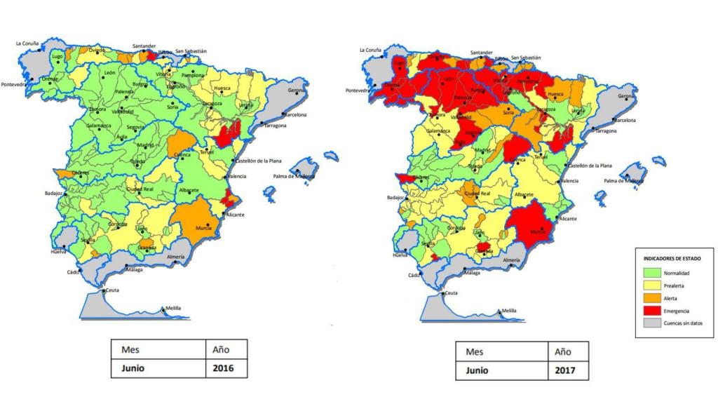 El estado de las cuencas en julio de 2016 frente a julio de 2017.