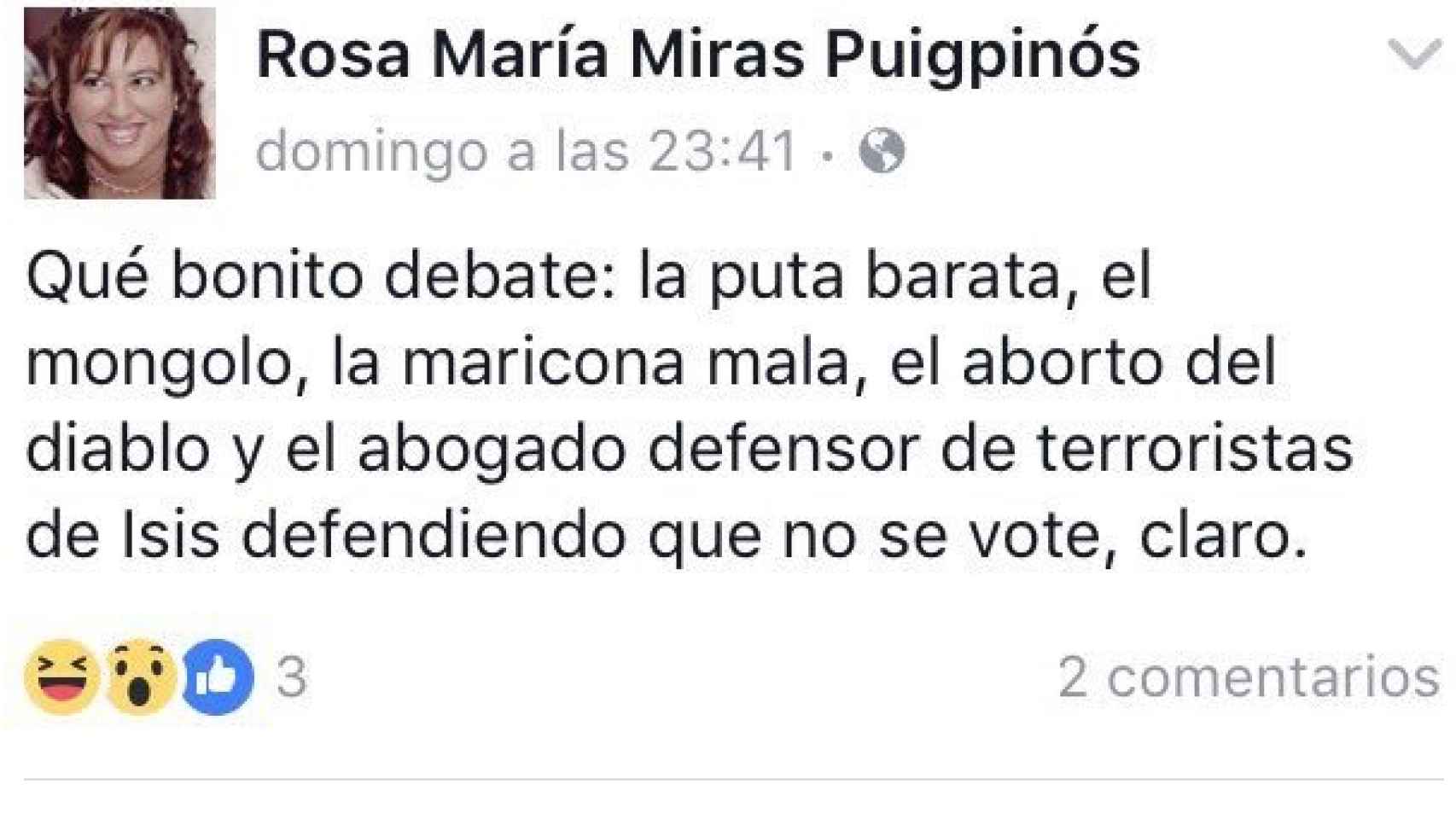 Otro de los comentarios de Rosa Maria en Facebook el pasado domingo.
