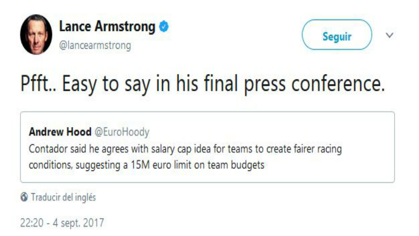 El tuit en el que Armstrong se mete con Contador.