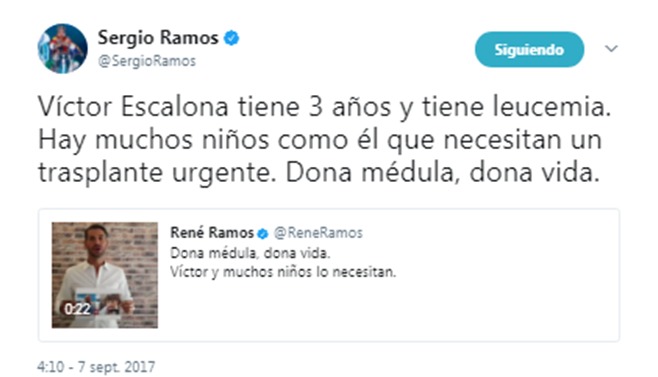 Tweet de Sergio Ramos contra la leucemia