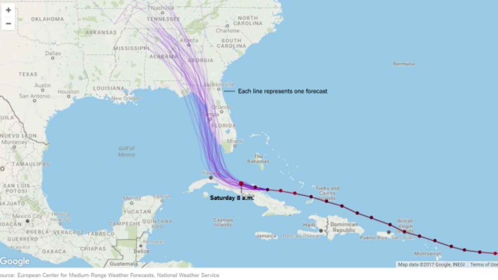 Esta imagen muestra el cono de incertidumbre desglosado en las posibles trayectorias que puede tomar el huracán.