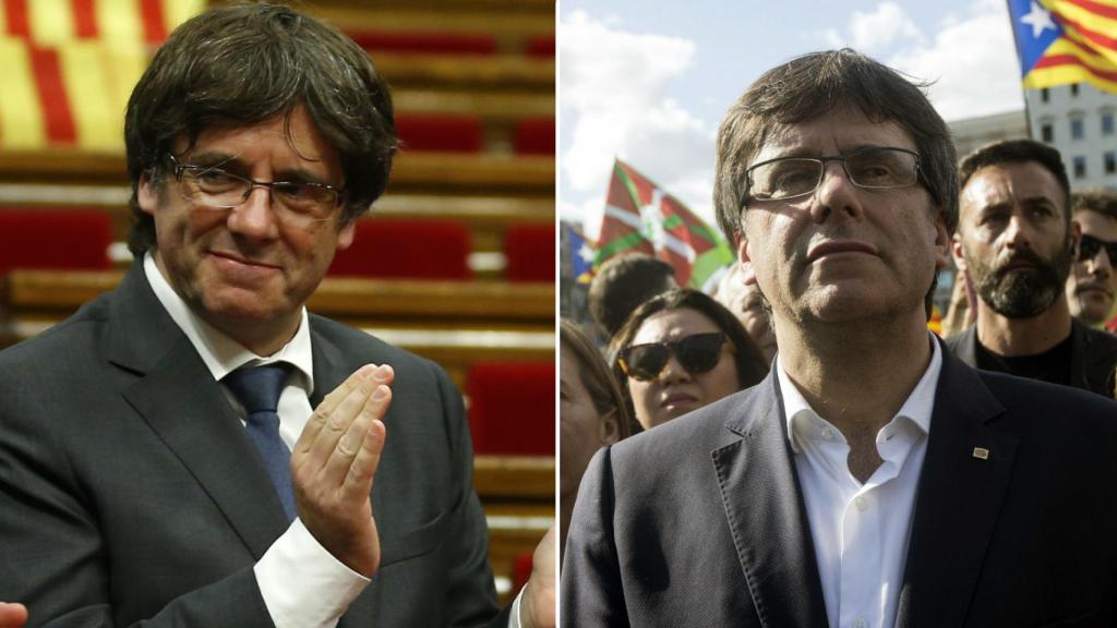 Puigdemont hace unos días (izda.) y este lunes en la Diada (dcha.)