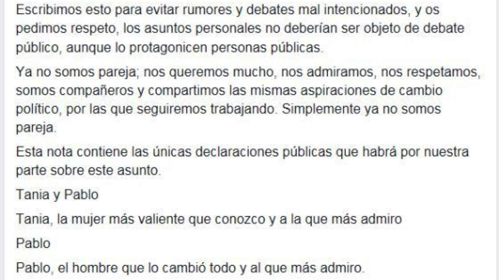 Mensaje en Facebook de Pablo Iglesias y Tania Sánchez para anunciar su ruptura.