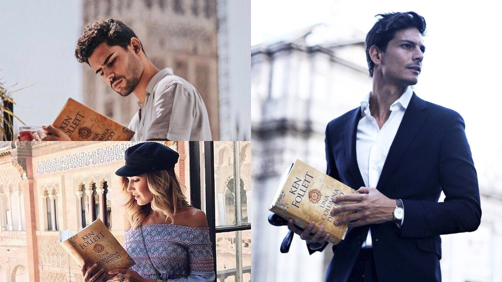 Los influencers leyendo a Ken Follet, o, al menos, sujetando su último libro. Campaña de Plaza & Janés.