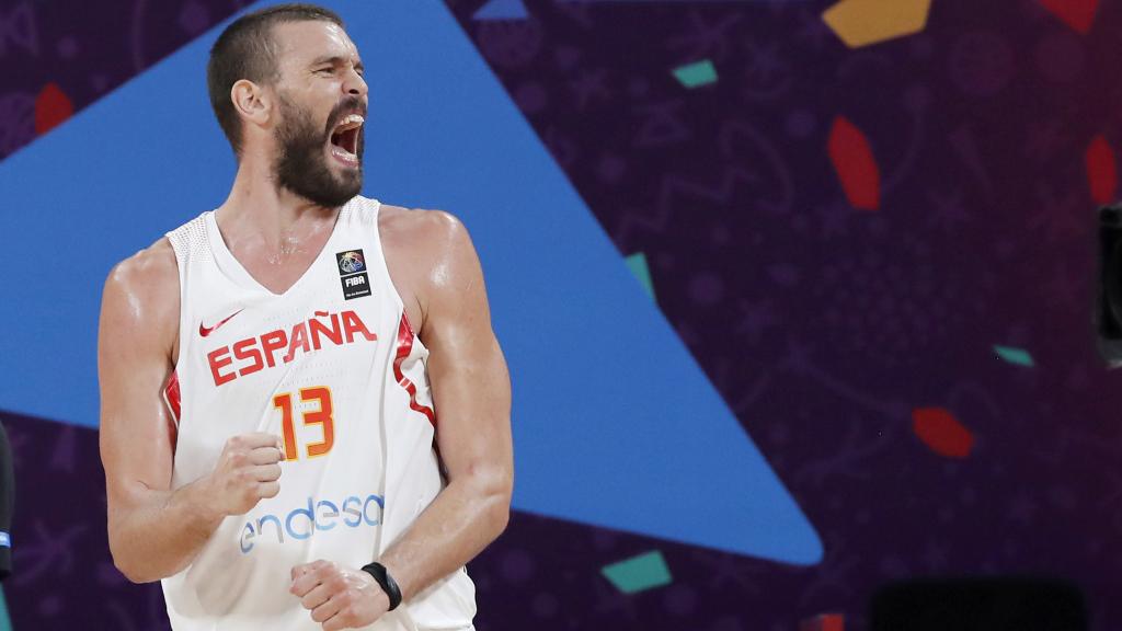 Marc Gasol celebrando una canasta contra Rusia.