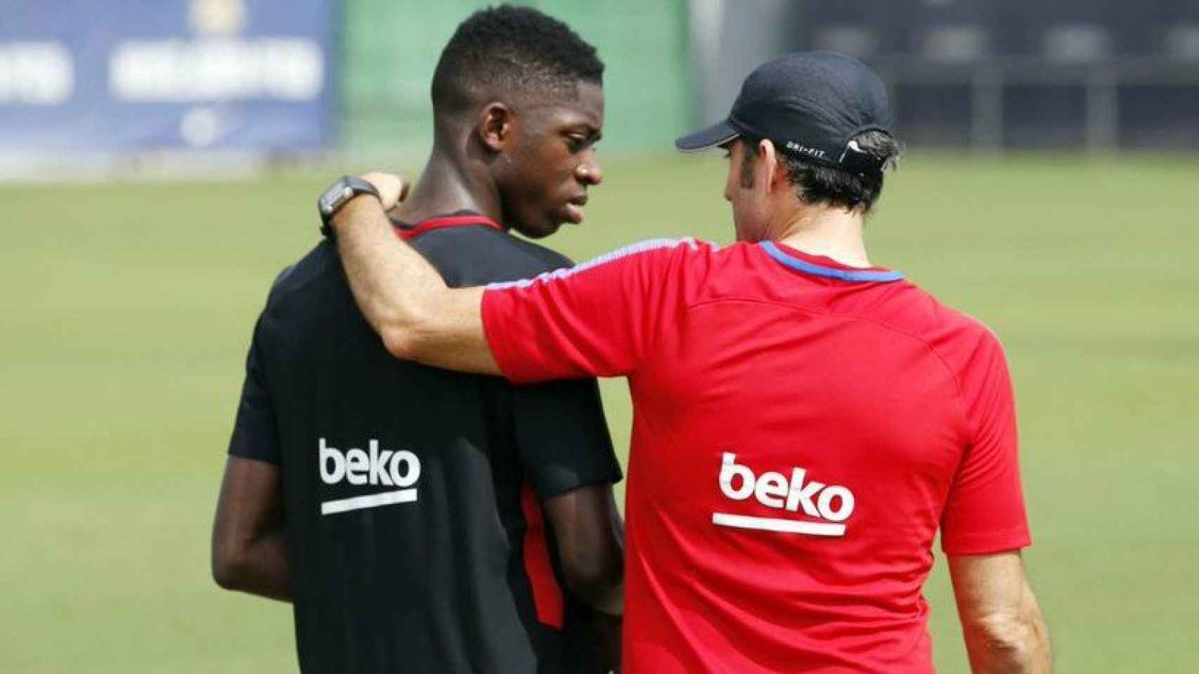 Valverde y Dembélé en un entrenamiento del Barça. Foto: Twitter (@FCBarcelona_es)