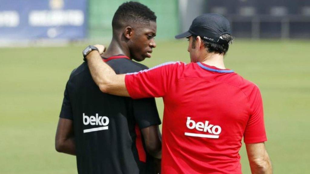 Valverde y Dembélé en un entrenamiento del Barça. Foto: Twitter (@FCBarcelona_es)