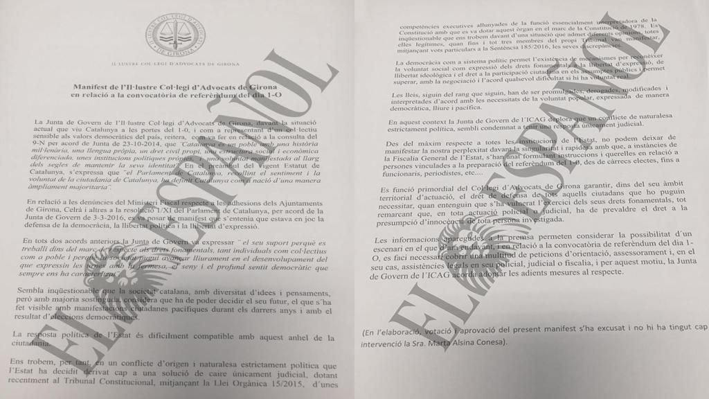 Documento del Ilustre Colegio de Abogados de Girona al que ha tenido acceso el El Español.