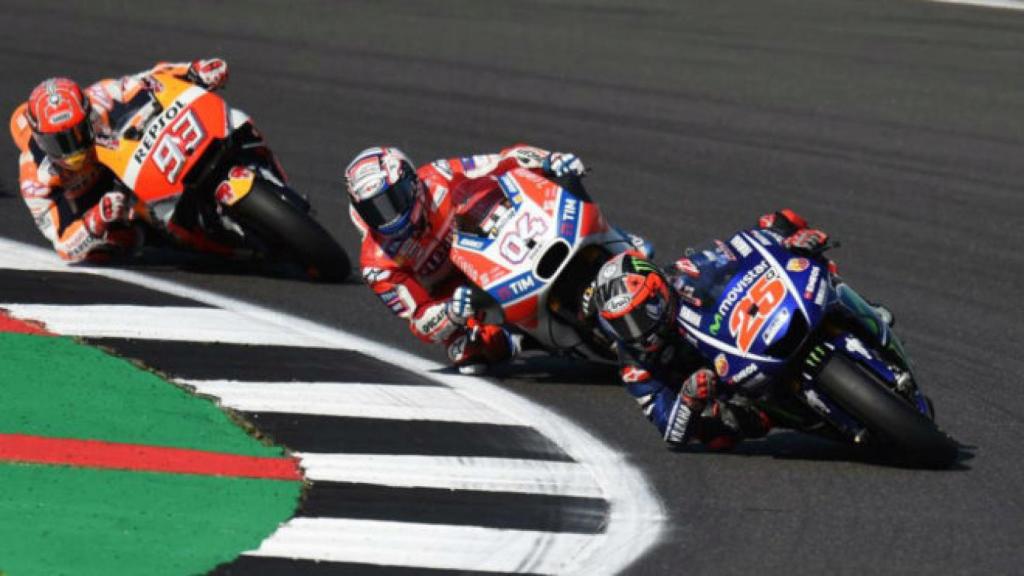 Márquez, Dovizioso y Viñales, en un GP durante esta temporada.