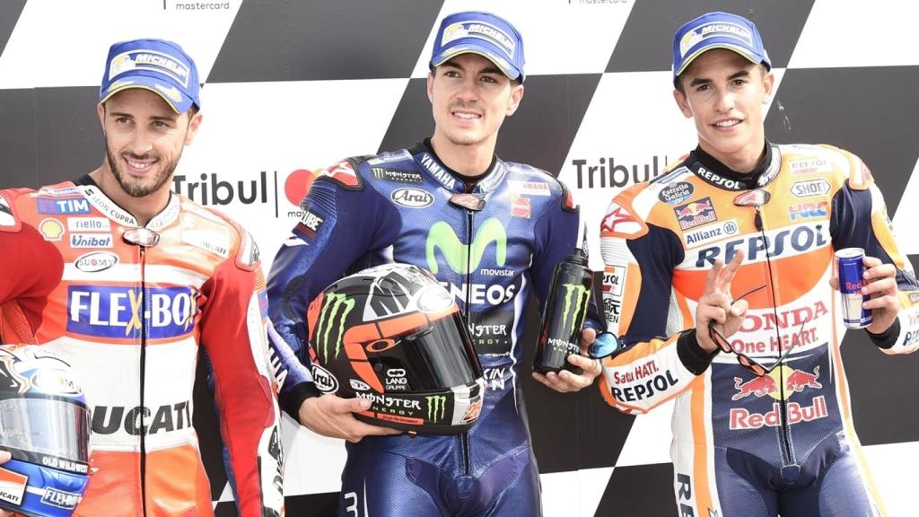 Dovizioso (i), Viñales (c) y Márquez (d), los tres pilotos que luchan por el Mundial.