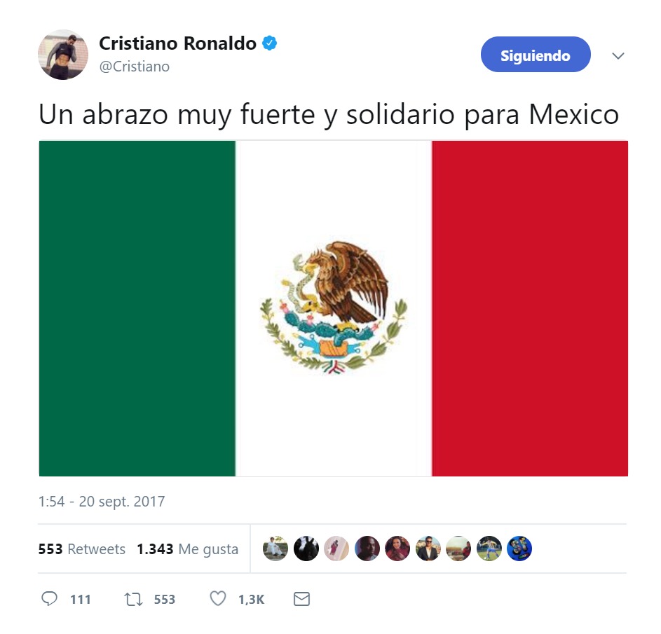 Cristiano manda apoyo a México a través de Twitter. Foto: Twitter (@Cristiano)