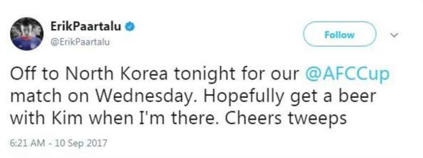 Uno de los tuits que Paartalu publicó antes de viajar a Corea del Norte.