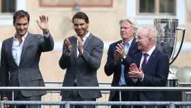 Federer, Nadal, Borg y Laver, durante la presentación del torneo en Praga.