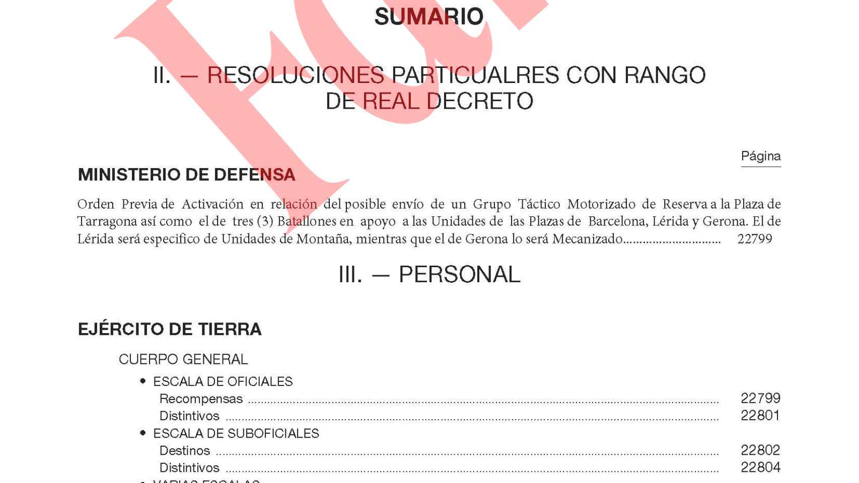 Extracto del falso Boletín Oficial del Ministerio de Defensa que llama a los reservistas.