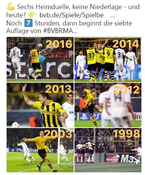 Tuit del Borussia Dortmund recordando los resultados ante el Madrid