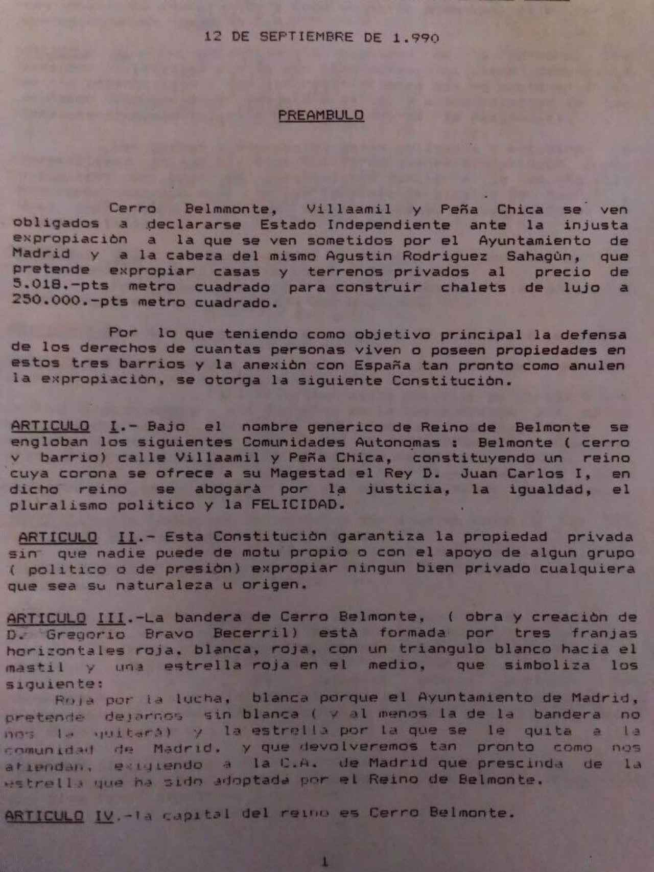 Primera hoja de la Constitución de Cerro Belmonte, aprobada tras referéndum en septiembre del 90.
