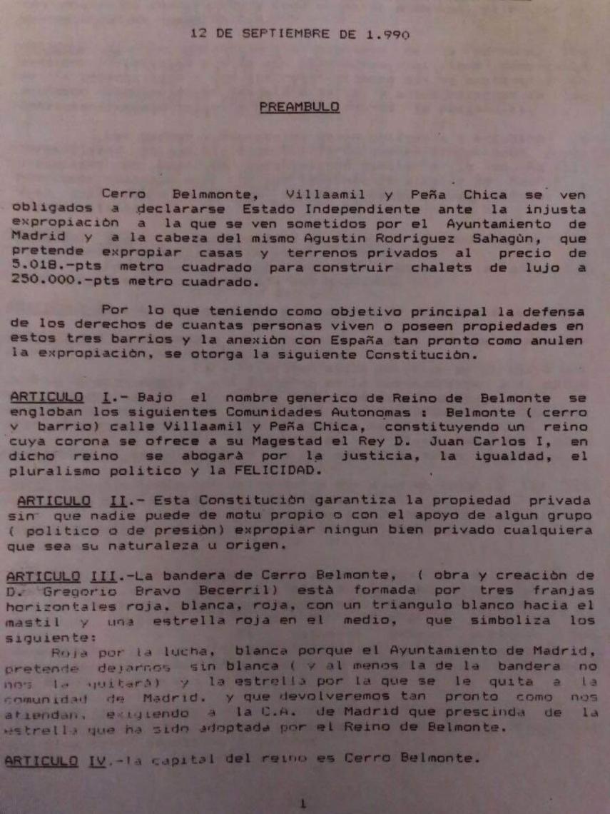 Primera hoja de la Constitución de Cerro Belmonte, aprobada tras referéndum en septiembre del 90.