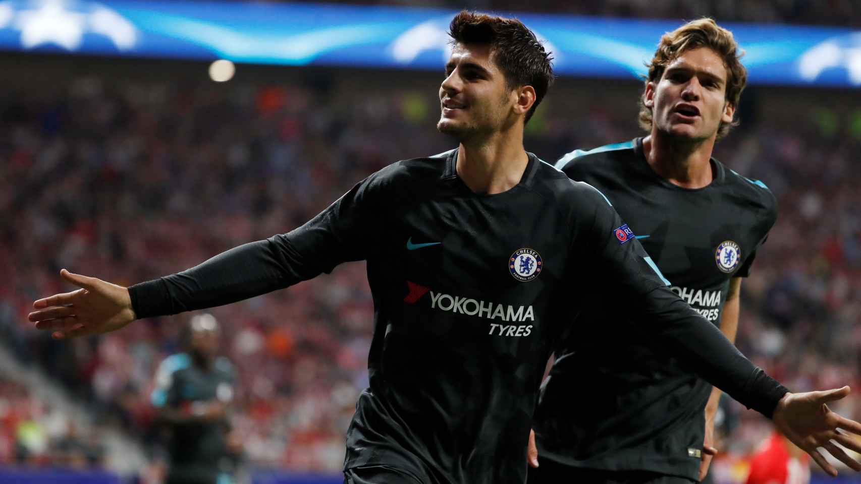 Morata celebra el gol del Chelsea en el Metropolitano.