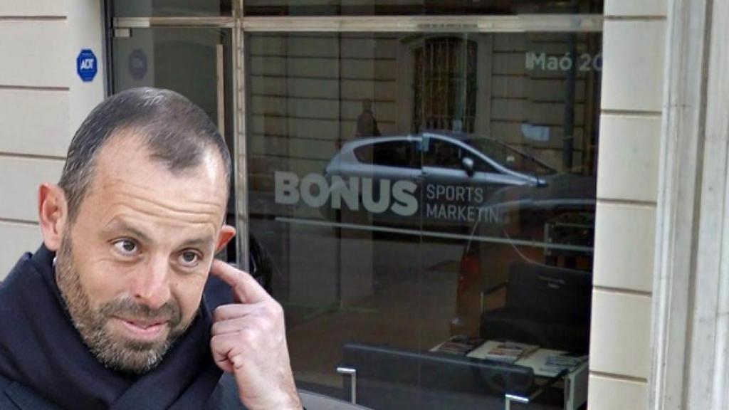 El expresidente del Barça Sandro Rosell y la sede de Bonus Sports Marketing.