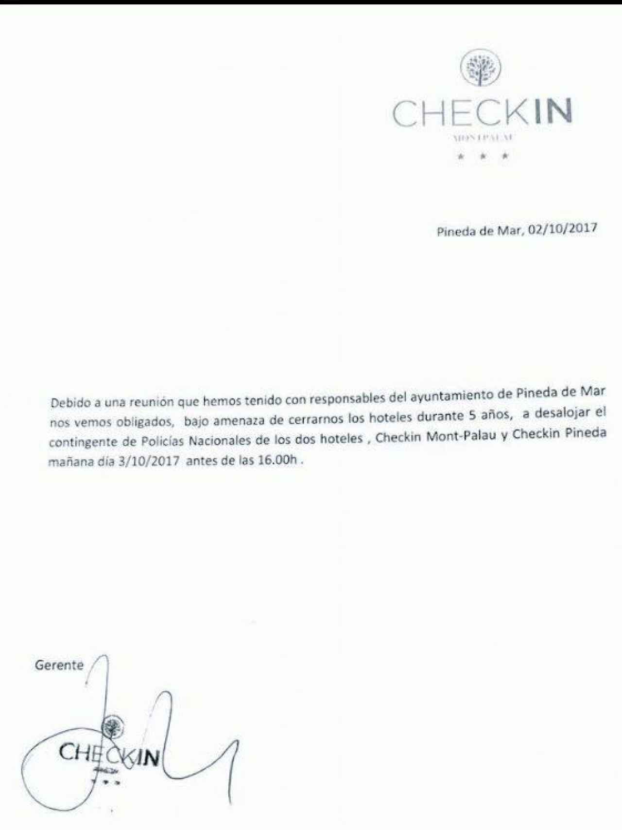 Carta firmada por los propietarios de los hoteles de Pineda de Mar.