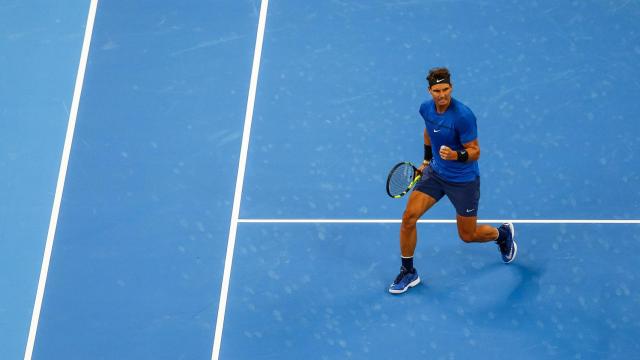 Nadal, celebrando un punto ante Pouille en Pekín.