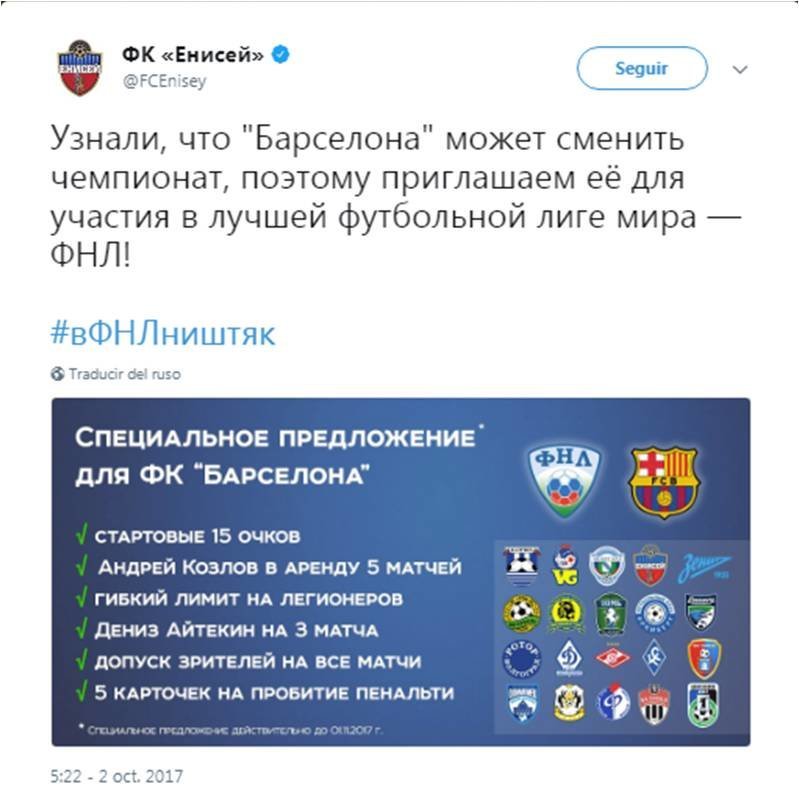 Tweet del equipo ruso