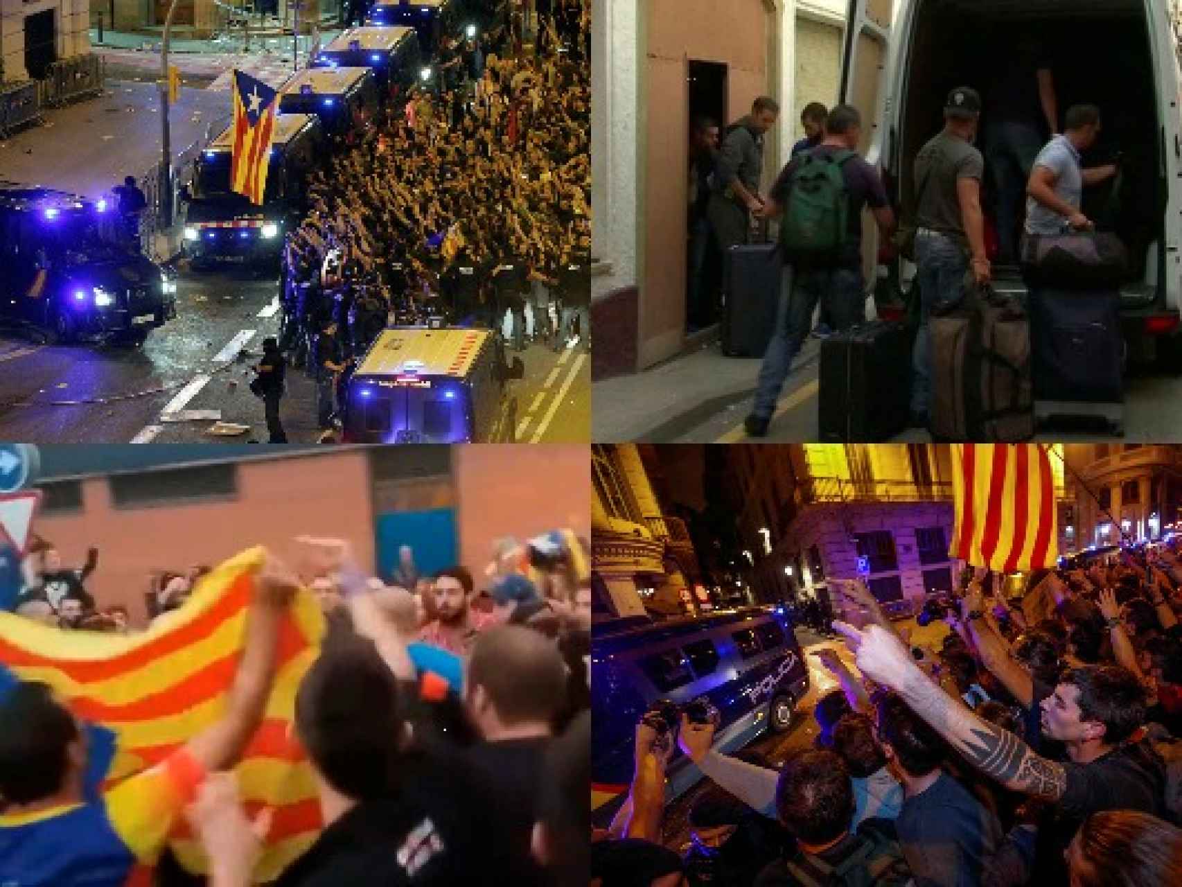 Arriba a la izquierda, escrache a la Policía en Barcelona; arriba a la derecha, guardias civiles dejando el hotel en Calella. Abajo a la izquierda, persecución a agentes en Calella;  abajo a la derecha, protesta en Barcelona.