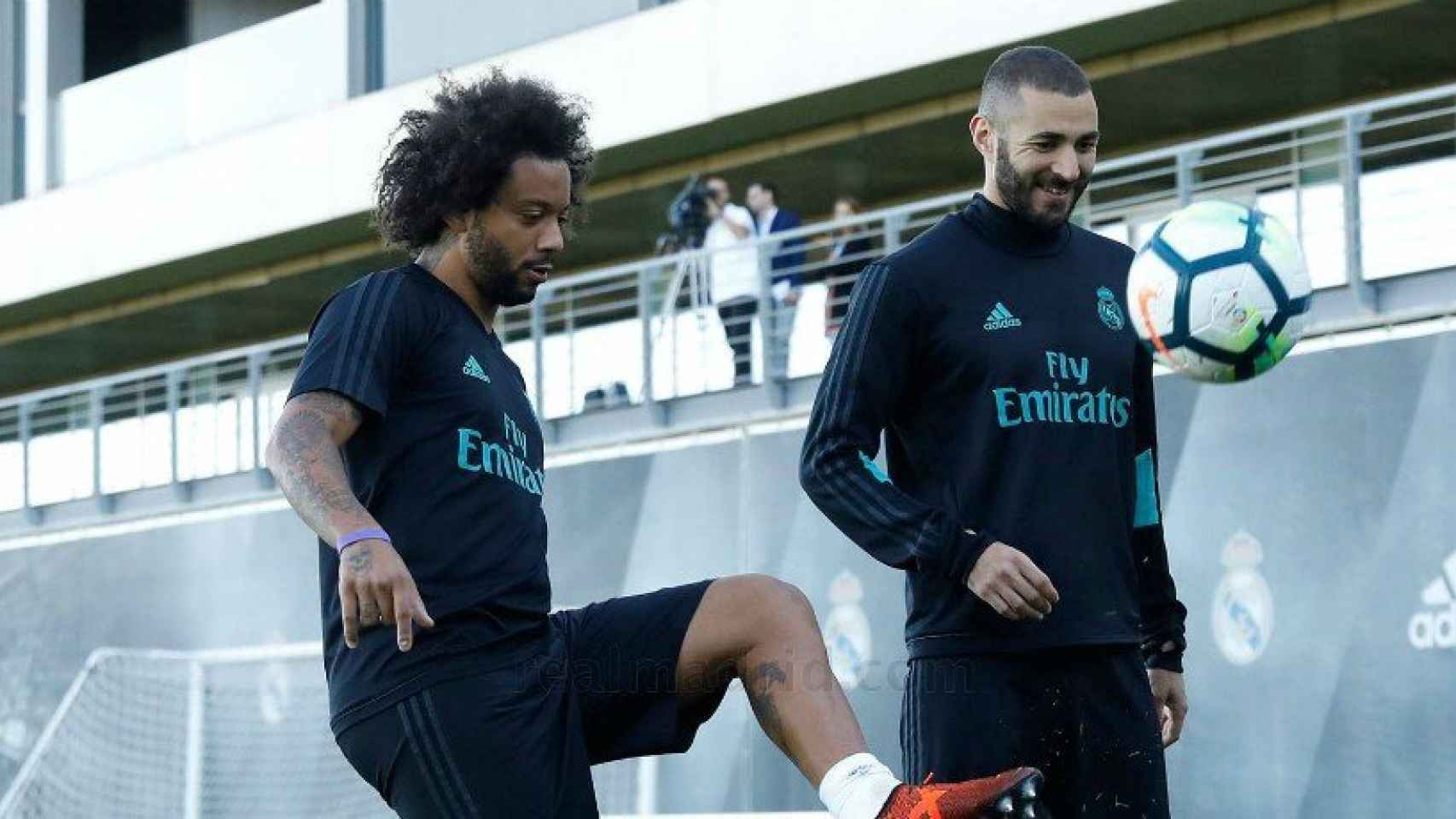 Marcelo y Benzema, en el entrenamiento