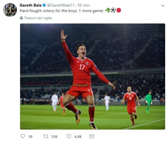 Tweet de Bale felicitando a Gales por la victoria. | Foto: Twitter (@GarethBale11)