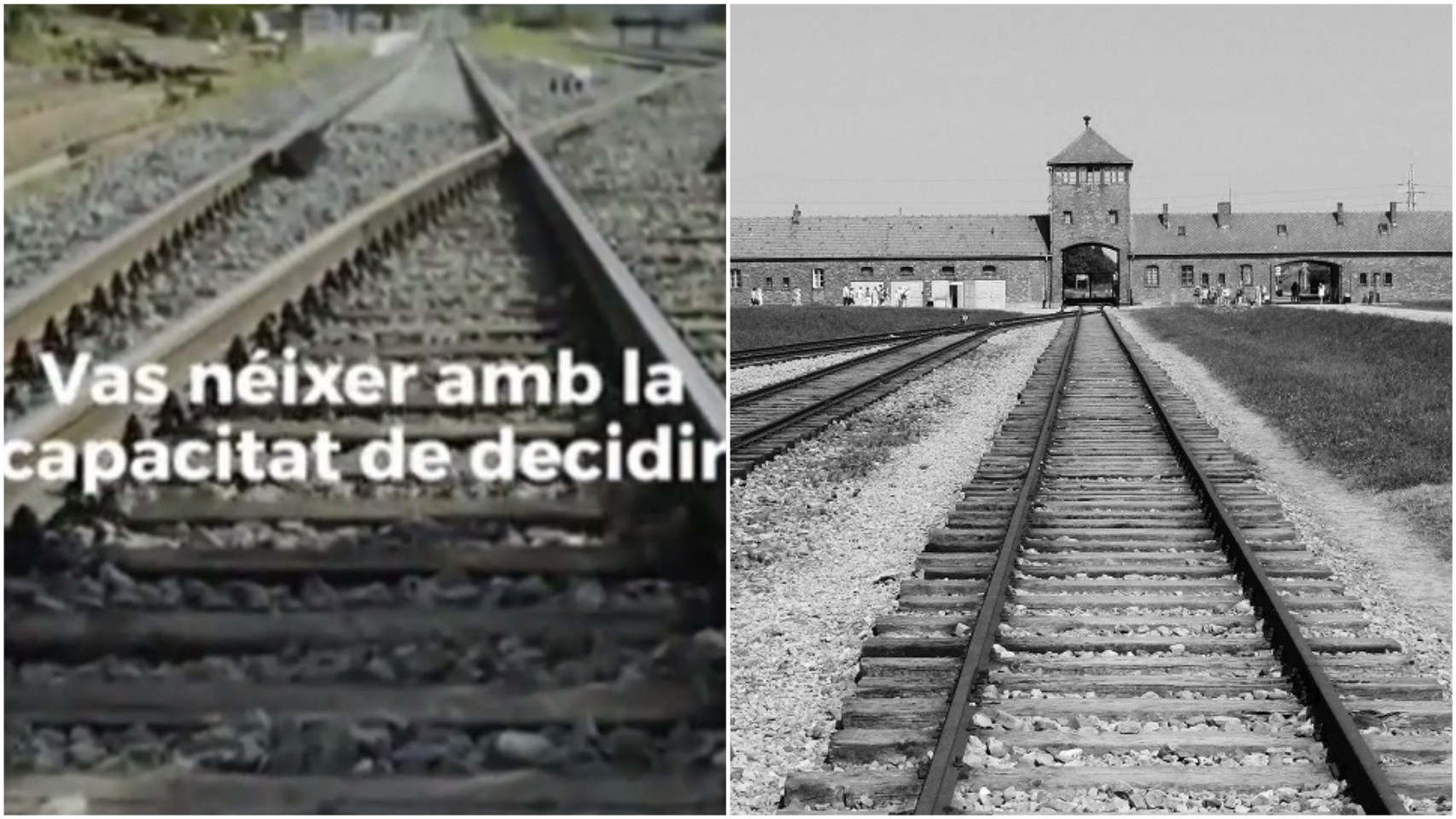 Fotograma del anuncio del referéndum ilegal en TV3  y entrada a Auschwitz por las también vías del tren