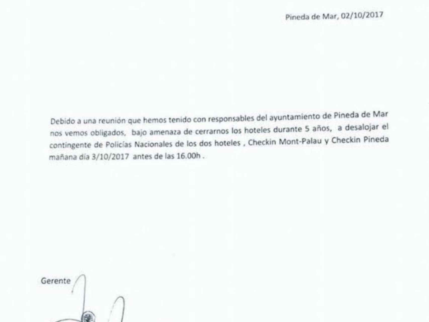 Carta enviada a los agentes en un Hotel de Pineda de Mar.
