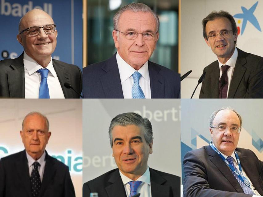 Josep Oliu (Sabadell); Isidre Fainé (Gas Natural); Jordi Gual (Caixabank); Juan José Brugera (Colonial); Francisco Reynés (Abertis) y Tobías Martínez (Cellnex).