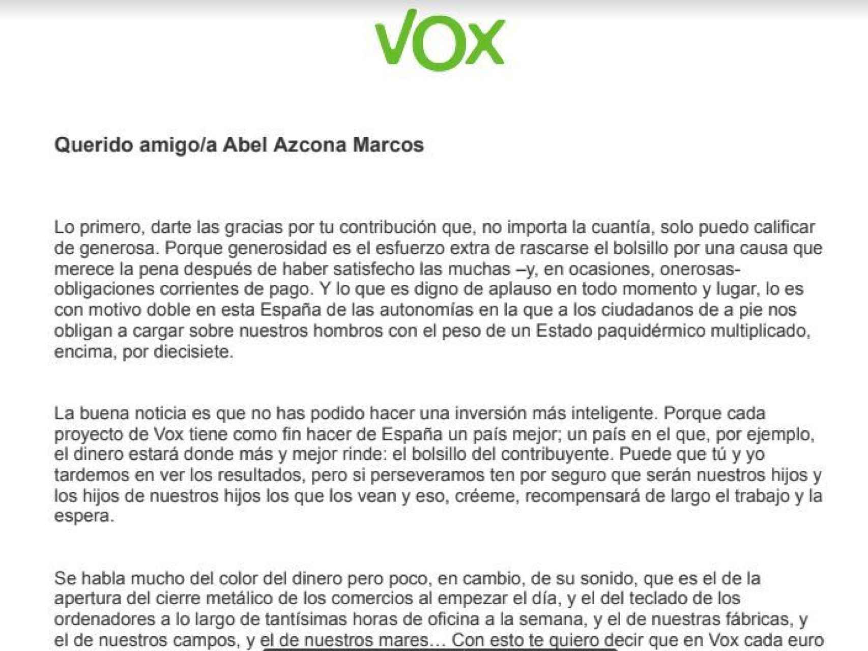 Carta de bienvenida de VOX a Abel Azcona.