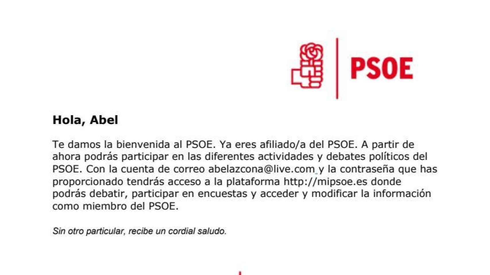 Carta de bienvenida a Abel Azcona del PSOE.