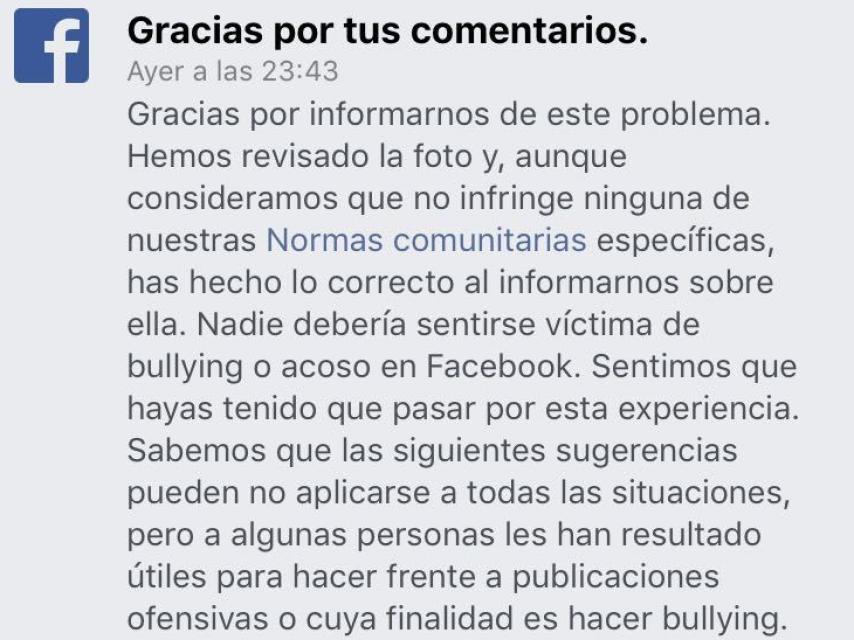 Respuesta de Facebook negando la petición de retirada de la imagen y conversación.