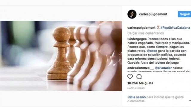 El perfil de Puigdemont en Instagram, una partida de ajedrez alusiva a los movimientos de Gobierno y Generalitat.