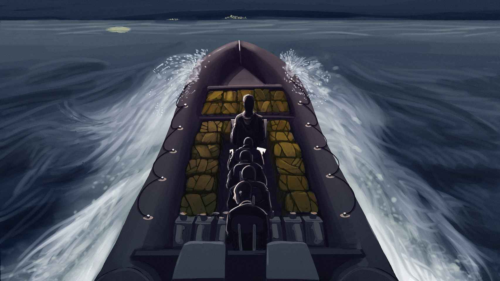 Ilustración de Jon Balenciaga para el reportaje en el que Andros Lozano relata su viaje por el Estrecho de Gibraltar a bordo de una lancha cargada de hachís