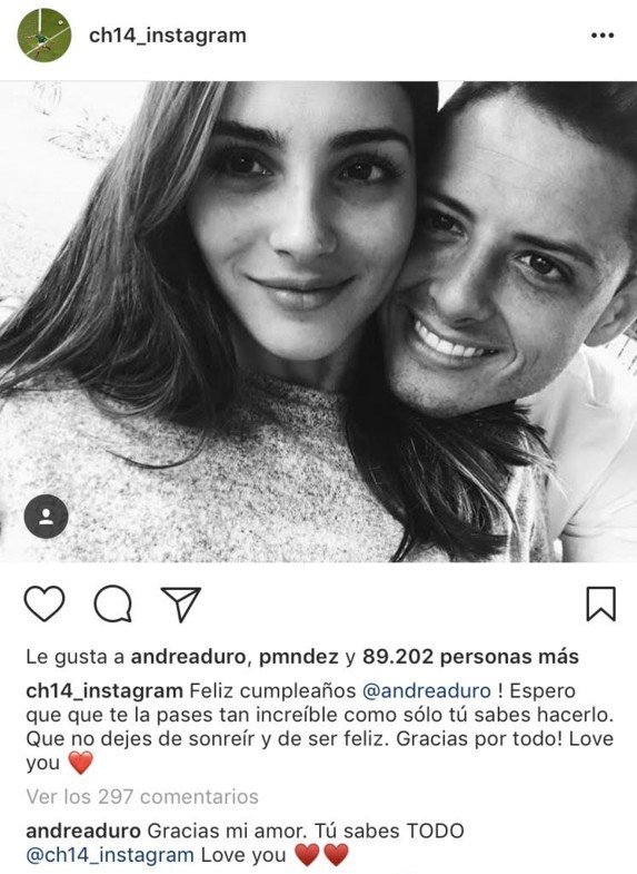 Mensaje de felicitación de Chicharito a Andrea Duro. Foto: Instagram (ch14_instagram)