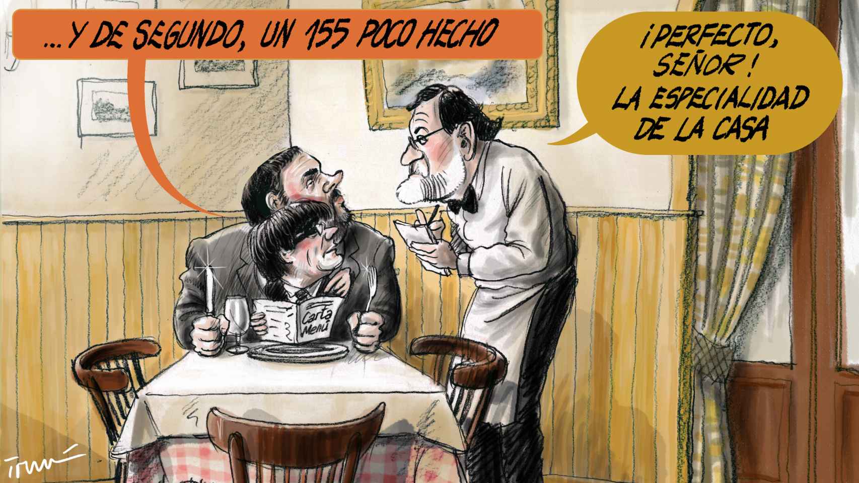 Rajoy tomando nota a Puigdemont y Junqueras.