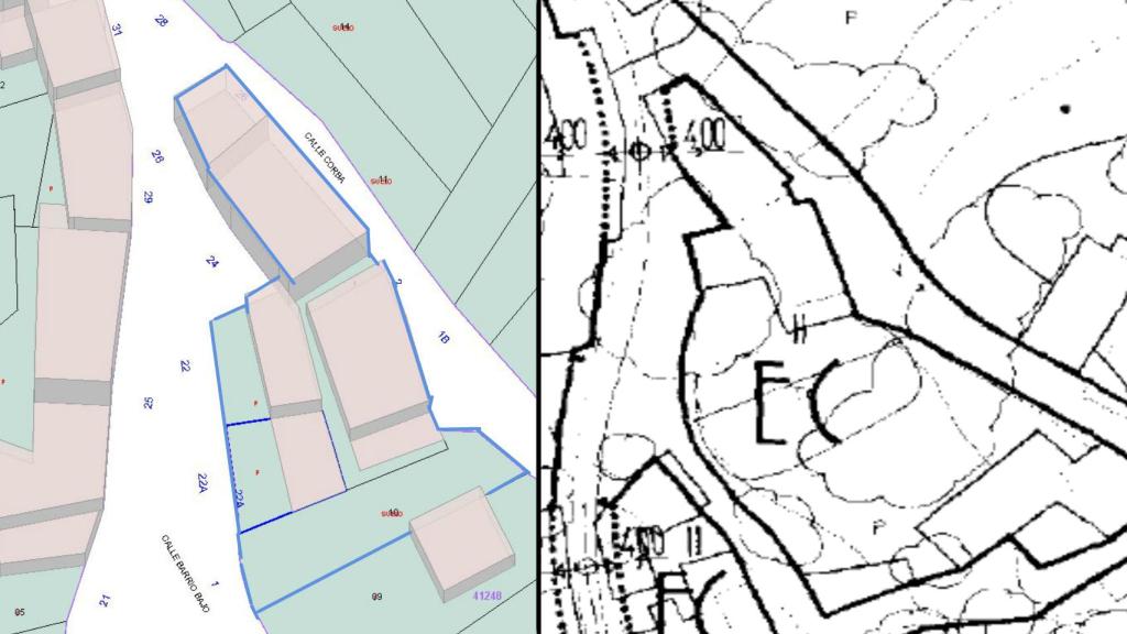 Los planos actuales de la casa de Sergio Dalma (izq) y los planos de cómo debería ser el domicilio según la norma de 1998 (dcha) donde se aprecia que no se ha recortado la esquina.