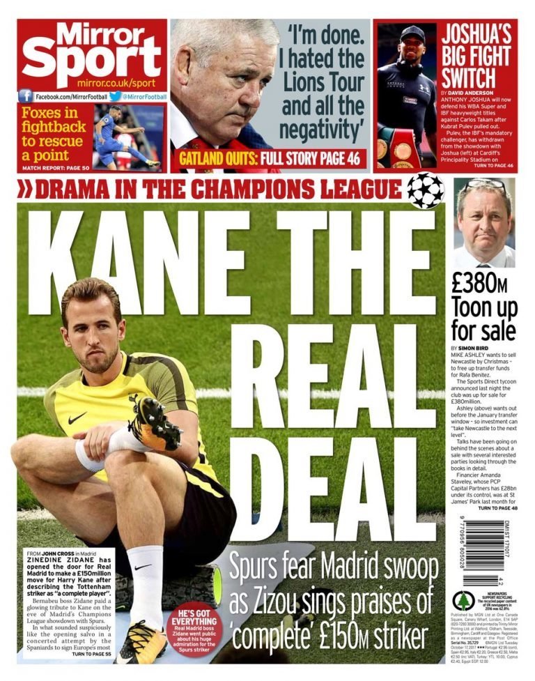 Mirror: Zidane abre la puerta al fichaje de Kane por 168 millones