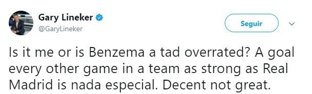 Gary Lineker carga contra Benzema: Está sobrevalorado