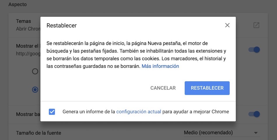 chrome restablecer