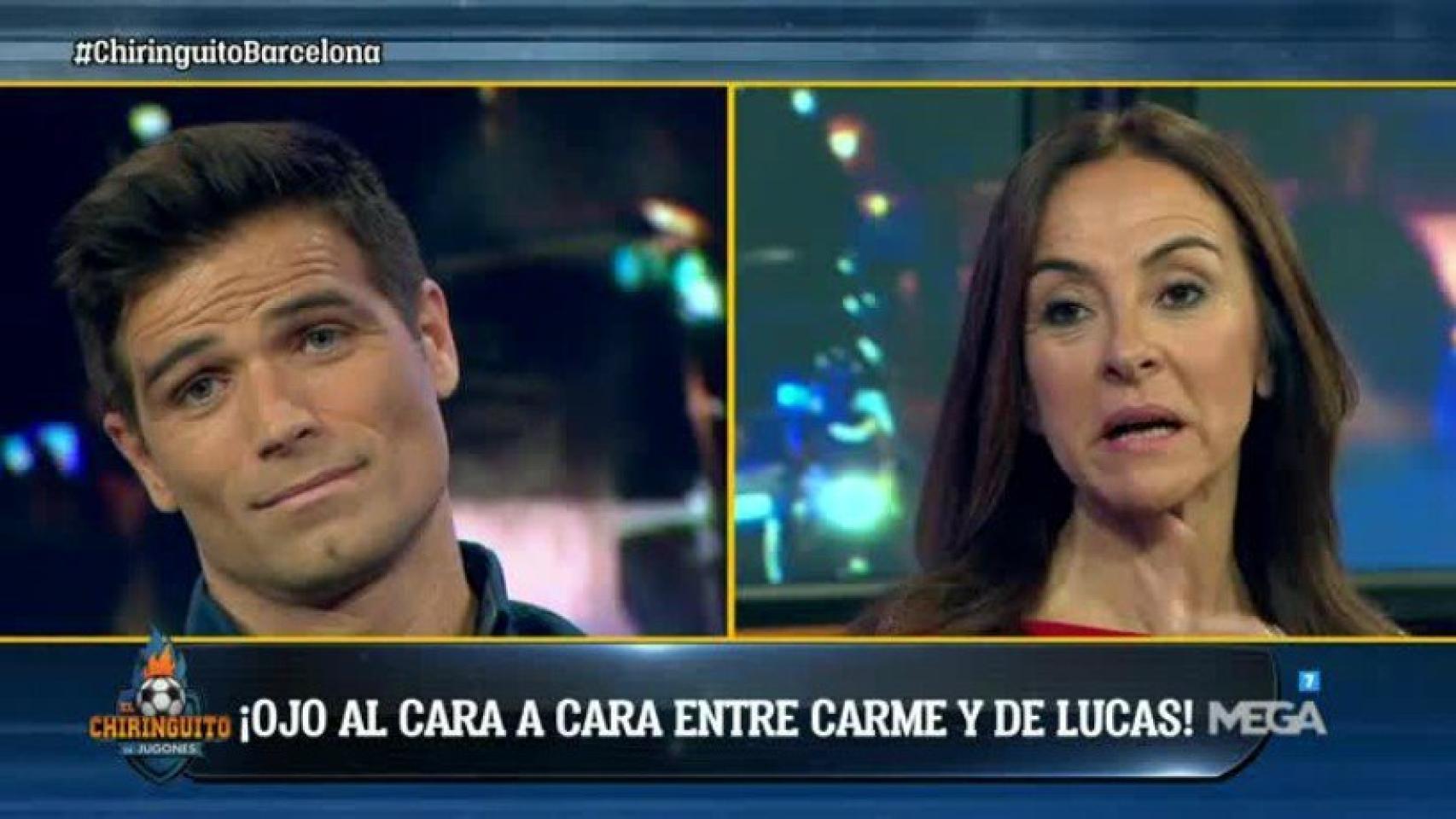 Quique de Lucas cara a cara frente a Carme Barceló en El Chiringuito. Foto: Twitter (@elchiringuitotv)